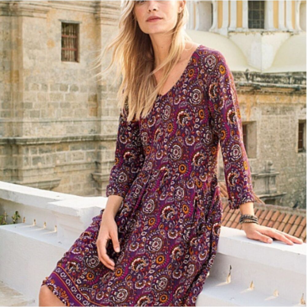 Garnet Hill Bohemian Pocket Paisley Detail 3/4 Sleeve Flowy Boho Dress Sz 08